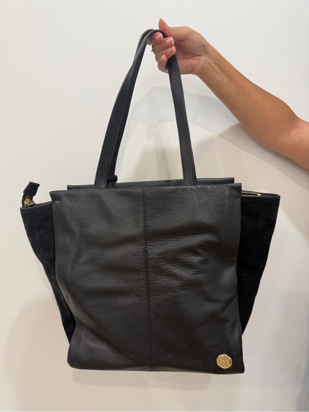 Black Leather Tote Bag with Gold Accent
